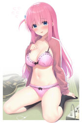 Rule 34 | 1girl, blue eyes, blush, bocchi the rock!, bra, breasts, cube hair ornament, gotoh hitori, hair ornament, highres, jacket, large breasts, lingerie, long hair, looking at viewer, mocchisake, navel, open mouth, panties, pink bra, pink hair, pink jacket, pink panties, shirt, simple background, smile, solo, thighs, underwear