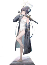Rule 34 | 1girl, absurdres, bare legs, barefoot, black coat, black hair, blue archive, blue butterfly, bug, bun cover, butterfly, closed mouth, coat, collarbone, commentary, grey eyes, gun, halo, highres, holding, holding gun, holding weapon, insect, kisaki (blue archive), long hair, looking at viewer, off shoulder, one-piece swimsuit, puddle, school swimsuit, simple background, solo, standing, standing on one leg, subfiction, swimsuit, twintails, weapon, weapon request, white background, white one-piece swimsuit