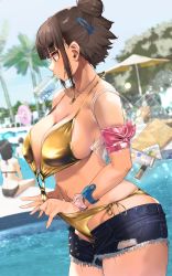 Rule 34 | 1girl, absurdres, bikini, blue shorts, blue sky, blurry, blurry background, bottle, breasts, brown eyes, brown hair, cleavage, commentary request, day, denim, denim shorts, gold bikini, hair ornament, hairclip, highres, jewelry, jovejun, large breasts, mouth hold, necklace, original, outdoors, pool, short hair, shorts, sidelocks, sky, solo focus, thick eyebrows, thighs, tsubomioka happa, watch