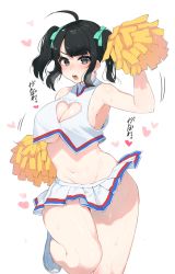 Rule 34 | 1girl, ahoge, bad id, bad pixiv id, black eyes, black hair, blush, breasts, cheerleader, cleavage, cleavage cutout, clothing cutout, groin, hair ribbon, heart, heart-shaped pupils, heart cutout, highres, large breasts, looking at viewer, midriff, navel, no bra, no panties, open mouth, original, pom pom (cheerleading), ribbon, short hair, short twintails, simple background, skirt, sleeveless, solo, sweat, symbol-shaped pupils, twintails, underboob, white background, wide hips, yzh chan