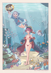 Rule 34 | 2girls, :d, absurdres, anchor, animal hood, arm up, artist name, barefoot, bikini, bloop (gawr gura), blue eyes, blue hair, blush, border, breasts, bubble, chain, clam, clownfish, coin, coral reef, fins, fish, fish tail, floating hair, full body, gawr gura, gem, gold coin, hat, heterochromia, highres, holding, hololive, hololive english, hood, houshou marine, index finger raised, jacket, large breasts, long hair, looking at another, looking at viewer, looking up, medium hair, multicolored hair, multiple girls, navel, off shoulder, onesie, open mouth, pirate hat, pointing, red bikini, red eyes, red hair, saku39 (skb318), school of fish, seaweed, shark hood, shark tail, sharp teeth, ship&#039;s wheel, shoes, sleeves past wrists, smile, sparkle, spoken object, starfish, stomach, streaked hair, sunfish, swimming, swimsuit, tail, teeth, tentacles, treasure, treasure chest, twintails, twitter username, two-tone hair, underwater, underwater city, virtual youtuber, walking, water, whale, white border, white hair, yellow eyes