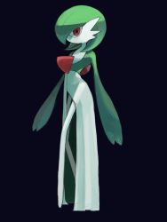 Rule 34 | black background, colored skin, commentary request, creatures (company), game freak, gardevoir, gen 3 pokemon, gogot, green hair, highres, looking at viewer, medium hair, nintendo, pokemon, pokemon (creature), red eyes, simple background, solo, white skin