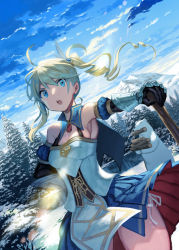 Rule 34 | :o, ahoge, armpits, bear, black gloves, blue capelet, blue eyes, blue skirt, blue sky, breasts, capelet, cleavage, cover, cover page, detached sleeves, drill hair, dutch angle, firewood, gauntlets, gloves, highres, kururi, lake, mountain, official art, outdoors, shirokuma tensei, skirt, sky, snow, solo, standing, sunlight, tree, twintails