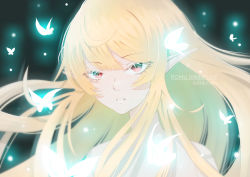 Rule 34 | 1girl, absurdres, artist name, banefury, bare shoulders, blonde hair, bug, butterfly, character name, floating hair, glowing butterfly, hair behind ear, highres, insect, long hair, long pointy ears, looking at viewer, nijisanji, nijisanji en, parted lips, pointy ears, pomu rainpuff, red eyes, solo, upper body, virtual youtuber