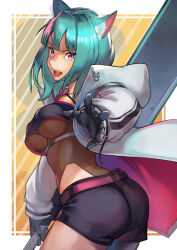 Rule 34 | 1girl, animal ear fluff, animal ears, aqua hair, ass, blunt bangs, breasts, cat ears, commission, greatsword, hinoru saikusa, holding, holding sword, holding weapon, hood, hood down, hooded jacket, jacket, large breasts, leotard, mechanical arms, open clothes, open jacket, open mouth, original, red eyes, see-through, see-through leotard, shorts, single mechanical arm, skeb commission, sword, underboob, weapon