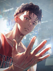 Rule 34 | 1boy, basketball jersey, basketball uniform, brown eyes, brown hair, highres, looking at hand, male focus, miyagi ryouta, moge-hera, outstretched hand, parted lips, pompadour, red shirt, shirt, signature, slam dunk (series), sleeveless, sleeveless shirt, solo, sportswear, sweat