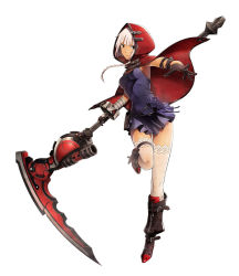 Rule 34 | 10s, 1girl, black footwear, blunt bangs, boots, dress, full body, gloves, god eater, god eater 2: rage burst, highres, hood, knee boots, lace, lace-trimmed legwear, lace trim, livie collet, red hood, scythe, solo, thighhighs, weapon, white background, white hair