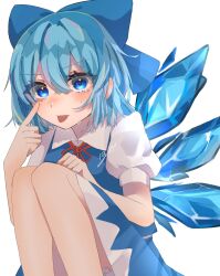 Rule 34 | 1girl, :p, akanbe, bloomers, blue bow, blue dress, blue eyes, blue hair, bow, cirno, collared shirt, crying, crying with eyes open, dress, eyelid pull, hair bow, highres, ice, ice wings, izumi no yasushi aya, neck ribbon, pinafore dress, puffy short sleeves, puffy sleeves, ribbon, shirt, short hair, short sleeves, signature, simple background, sleeveless, sleeveless dress, solo, squatting, tears, tongue, tongue out, touhou, underwear, white background, white shirt, wings