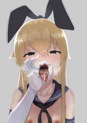 Rule 34 | 1girl, blonde hair, blush, breasts, charu, collarbone, commentary request, cum, cum in mouth, elbow gloves, fellatio gesture, gloves, grey background, grey eyes, hair ornament, hair ribbon, hairband, half-closed eyes, kantai collection, long hair, looking at viewer, nipples, open mouth, oral invitation, ribbon, sailor collar, shimakaze (kancolle), sidelocks, simple background, small breasts, solo, steam, stray pubic hair, tongue, tongue out, uvula, white gloves