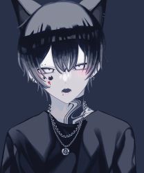 Rule 34 | 1boy, alare32446233, bishounen, black hair, black shirt, blunt bangs, blush, cat boy, ear piercing, eyebrow piercing, highres, jewelry, light blush, looking at viewer, male focus, mouth piercing, necklace, no eyebrows, original, piercing, shirt, short hair, solo, sticker on face, t-shirt, tattoo, white eyes