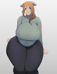 Rule 34 | 1girl, animal ears, belly, breasts, bright pupils, brown eyes, brown hair, covered navel, cropped legs, elf-san wa yaserarenai., female orc, highres, huge breasts, long hair, mmmmmkun, oku (elf-san wa yaserarenai.), orc, pants, pig ears, plump, ribbed sweater, simple background, smile, solo, sweater, thick thighs, thighs, white background, wide hips