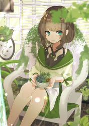 Rule 34 | 1girl, absurdres, blush, brown hair, chair, cobblestone, dress, earrings, green eyes, highres, holding, holding plant, jewelry, kusunokimizuha, light rays, looking at viewer, moss, original, plant, potted plant, short hair, sitting, smile, solo, stone floor, succulent plant, sunlight, water