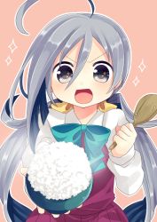 Rule 34 | 10s, 1girl, :d, ahoge, bow, bowtie, commentary request, grey eyes, grey hair, kantai collection, kiyoshimo (kancolle), long hair, low twintails, nagasioo, open mouth, pink background, rice, rice bowl, shamoji, school uniform, smile, solo, sparkle, sparkling eyes, twintails
