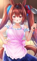Rule 34 | 1girl, alternate costume, animal ears, apron, breasts, brown hair, casual, collarbone, commentary request, daiwa scarlet (umamusume), fangs, hair ornament, highres, horse ears, horse girl, kitchen, large breasts, open mouth, red eyes, shiinyan, solo, sweat, tiara, twintails, umamusume
