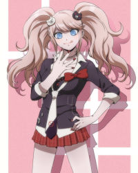 Rule 34 | 10s, 1girl, bad id, bad pixiv id, blue eyes, danganronpa (series), danganronpa: trigger happy havoc, enoshima junko, hair ornament, hand on own hip, highres, long hair, loose necktie, mosan, nail polish, necktie, pink hair, ribbon, sleeves rolled up, smile, solo, spoilers, tongue, twintails