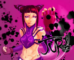 Rule 34 | 1girl, abs, bare shoulders, black hair, capcom, clenched hand, detached sleeves, elbow gloves, fingerless gloves, gloves, han juri, ink, kyougetsu (junrai), licking lips, midriff, nail polish, navel, nyogetsu, purple eyes, purple theme, solo, street fighter, street fighter iv (series), tongue, tongue out