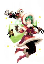 Rule 34 | 1boy, 1girl, bald, boots, capelet, christmas, curly hair, dress, floating, fur-trimmed capelet, fur-trimmed dress, fur-trimmed headwear, fur trim, gloves, green eyes, green hair, highres, murata yuusuke, one-punch man, pantyhose, red capelet, red dress, red headwear, saitama (one-punch man), santa boots, santa capelet, santa costume, santa dress, santa gloves, short hair, smile, tatsumaki, third-party source