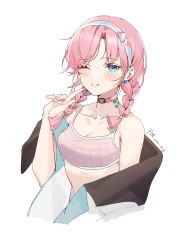 Rule 34 | 1girl, absurdres, arknights, bare shoulders, blue eyes, blue poison (arknights), blue poison (shoal beat) (arknights), blush, braid, breasts, camisole, choker, cleavage, commentary request, crop top, earrings, grin, guangsupaomian, hand up, highres, jewelry, long hair, looking at viewer, midriff, off shoulder, official alternate costume, one eye closed, parted lips, pink choker, pink hair, simple background, small breasts, smile, solo, spaghetti strap, sports bra, twin braids, upper body, white background