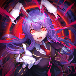 Rule 34 | 1girl, :d, adapted costume, animal ears, aura, black jacket, blazer, bright pupils, buttons, collared shirt, embellished costume, eyebrows hidden by hair, gloves, glowing, glowing eyes, gold trim, hair between eyes, jacket, long hair, long sleeves, looking at viewer, multicolored background, necktie, nostrils, open mouth, pink skirt, pleated skirt, purple hair, rabbit ears, re (re 09), red eyes, red necktie, reisen udongein inaba, shirt, skirt, smile, solo, swept bangs, teeth, touhou, upper body, very long hair, white gloves, white pupils, white shirt
