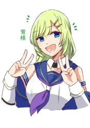 Rule 34 | 1girl, :d, assault lily, bare shoulders, blue eyes, blue sailor collar, breasts, character name, cropped torso, detached collar, detached sleeves, double v, green hair, hair ornament, hairclip, hands up, kawabata hotaru, long hair, long sleeves, looking at viewer, lower teeth only, medium breasts, neckerchief, nigari (ngari 0115), notice lines, odaiba girls high school uniform, open mouth, purple neckerchief, sailor collar, school uniform, serafuku, shirt, simple background, sleeveless, sleeveless shirt, smile, solo, teeth, translated, upper body, v, white background, white shirt