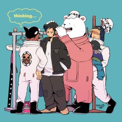 Rule 34 | :d, bad id, bad pixiv id, bear, bepo, clothes hanger, facial hair, fur hat, hat, jacket, one piece, open mouth, overalls, penguin (one piece), polar bear, shachi (one piece), sheath, sheathed, smile, tbt, thought bubble, trafalgar law, trying on clothes