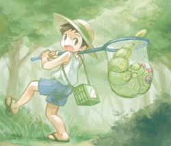 Rule 34 | 00s, 1boy, bug catcher (pokemon), butterfly net, caterpie, creatures (company), forest, game freak, gen 1 pokemon, hand net, hat, looking back, nature, nintendo, npc trainer, pokemon, pokemon (creature), pokemon hgss, sandals, speed painting, straw hat, yapo (mess)