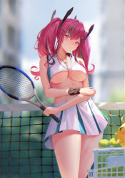 Rule 34 | 1girl, azur lane, bare shoulders, bird, breasts, bremerton (azur lane), bremerton (scorching-hot training) (azur lane), chick, cleavage, collarbone, hair ornament, heart, heart necklace, highres, holding, holding racket, jewelry, large breasts, long hair, looking at viewer, multicolored hair, navel, necklace, official alternate costume, pink eyes, pink hair, racket, sansan (dongfangzhong111), sidelocks, skirt, solo, sportswear, streaked hair, tennis racket, tennis uniform, thighs, twintails, two-tone shirt, two-tone skirt, x hair ornament