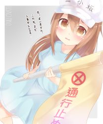 Rule 34 | 10s, 1girl, artist name, blue shirt, blush, brown eyes, brown hair, commentary request, flag, flat cap, grey background, hair between eyes, hat, hataraku saibou, holding, holding flag, long hair, looking at viewer, oversized clothes, oversized shirt, parted lips, platelet (hataraku saibou), shirt, solo, tears, translation request, two-tone background, usagimiko, very long hair, white background, white hat