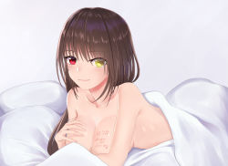 Rule 34 | 1girl, blanket, blush, breasts, brown hair, cleavage, clock eyes, collarbone, completely nude, convenient arm, covering privates, date a live, heterochromia, highres, large breasts, long hair, looking at viewer, lying, nude, nude cover, on bed, on stomach, red eyes, smile, solo, symbol-shaped pupils, tokisaki kurumi, yellow eyes