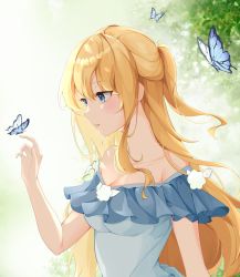 Rule 34 | 1girl, absurdres, bad id, bad twitter id, blonde hair, blue butterfly, blue dress, blue eyes, blurry, blurry background, blush, bug, butterfly, chaeming 32, colored eyelashes, dress, hair between eyes, hand up, highres, insect, long hair, open mouth, original, short sleeves, smile, solo