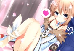 Rule 34 | 1girl, bare legs, barefoot, blanc, blanc (neptunia), blue eyes, blush, breasts, brown hair, cleavage, coat, commentary request, dress, feet, fur trim, hair between eyes, haru blanc0316, heart, knees up, leaning on person, neptune (series), petals, short hair, sitting, small breasts, solo focus, spaghetti strap, spoken heart, white coat, white dress, winter clothes, winter coat
