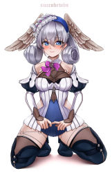 Rule 34 | 1girl, blue eyes, head wings, highres, melia antiqua, silver hair, simple background, solo, succubewbs, white background, wings, xenoblade chronicles: future connected, xenoblade chronicles (series), xenoblade chronicles 1