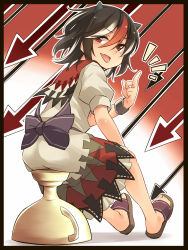 Rule 34 | 1girl, black hair, bracelet, dress, fang, framed, grey horns, highres, horns, impossible spell card, jewelry, kijin seija, looking at viewer, looking back, middle finger, multicolored hair, open mouth, puffy short sleeves, puffy sleeves, red eyes, red hair, short sleeves, silver hair, sitting, slippers, solo, stool, streaked hair, tongue, tongue out, touhou, trophy, white dress, yudepii