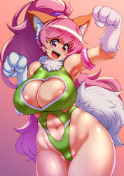 Rule 34 | 1girl, animal ears, areola slip, bare legs, bare shoulders, blush, breasts, cat ears, cat girl, cleavage, cleavage cutout, clothing cutout, curvy, fangs, female focus, gradient background, grin, happy, highleg, highleg leotard, highres, huge breasts, leotard, long hair, looking at viewer, navel, partially visible vulva, paw print, perisie (star ocean), pink hair, ponytail, red eyes, ryoi, shiny clothes, shiny skin, smile, solo, star ocean, star ocean first departure, tail, thick thighs, thighs, thong leotard, very long hair, wide hips