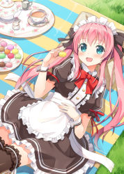 Rule 34 | 1girl, :d, aqua eyes, blush, cup, food, frilled thighhighs, frills, from above, grass, hair ribbon, highres, hyuuga azuri, long hair, looking at viewer, lying, macaron, maid, maid headdress, milk, moe2015, on back, open mouth, original, outdoors, pillow, ribbon, smile, solo, tea, teacup, teapot, thighhighs, twintails, zettai ryouiki
