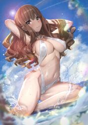 Rule 34 | 1girl, arms behind head, blue sky, breasts, brown eyes, brown hair, cloud, commission, covered navel, day, fate/extella, fate/extra, fate/extra ccc, fate (series), highres, ichihachiyon, kishinami hakuno (female), large breasts, long hair, o-ring, o-ring swimsuit, one-piece swimsuit, outdoors, pixiv commission, sidelocks, sky, slingshot swimsuit, solo, splashing, swimsuit, water, white one-piece swimsuit, white slingshot swimsuit