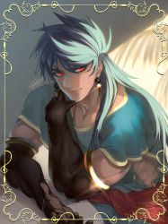 Rule 34 | 1boy, baggy clothes, biceps, blue hair, border, close-up, colored eyelashes, dark-skinned male, dark blue hair, dark skin, detached sleeves, earrings, fate/grand order, fate (series), gloves, glowing, greco-roman clothes, hair between eyes, hand on own face, jewelry, light, long hair, looking at viewer, male focus, open hand, pectorals, purple hair, red eyes, rkp, roman clothes, romulus (fate), romulus quirinus (fate), shade, short sleeves, signature, smile, solo, sparkle, toned, toned male, upper body