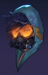 Rule 34 | 1girl, artist name, blue hair, gas mask, goggles, graffiti tracer, hood, hoodie, looking at viewer, mask, morry, official alternate costume, overwatch, overwatch 1, portrait, solo, tracer (overwatch)