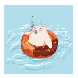Rule 34 | afloat, bear, blue background, border, chai (drawingchisanne), chocolate, commentary request, dessert, doughnut, food, goggles, in food, looking at viewer, original, partially submerged, polar bear, shirokuma-san (drawingchisanne), simple background, snorkel, snorkel in mouth, swim cap, undersized animal, water, white border