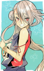Rule 34 | 10s, 1boy, androgynous, aqua background, bad id, bad pixiv id, bangle, bracelet, coin rand, eyes visible through hair, gradient background, grin, ima-no-tsurugi, japanese clothes, jewelry, long hair, looking at viewer, male focus, red eyes, sketch, sleeveless, smile, solo, star (symbol), touken ranbu, very long hair