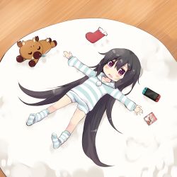 Rule 34 | 1girl, :d, absurdly long hair, absurdres, amano kouki, animal, black hair, blush stickers, christmas stocking, closed eyes, full body, hair between eyes, hair ornament, hairclip, handheld game console, highres, long hair, long sleeves, looking at viewer, loungewear, lying, no shoes, nose bubble, note-chan, on back, open mouth, original, outstretched arms, purple eyes, reindeer, shirt, short shorts, shorts, sidelocks, sleeping, smile, socks, solo, spread arms, striped clothes, striped shirt, striped shorts, striped socks, very long hair, wooden floor