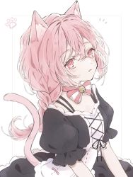 Rule 34 | 1girl, animal ears, bell, neck bell, bow, braid, cat ears, cat girl, collar, highres, lace, lace trim, original, paw print, pink bow, pink eyes, pink hair, pink tail, puffy short sleeves, puffy sleeves, ribbon, short sleeves, solo, striped, striped bow, tail, yuni 0205