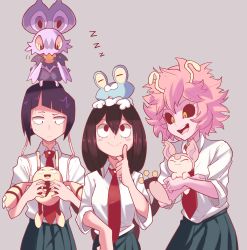 Rule 34 | 10s, 3girls, animal, animal ears, animal on head, antennae, ashido mina, asui tsuyu, black eyes, black hair, black sclera, blush, blush stickers, boku no hero academia, brown hair, colored sclera, creatures (company), crossed arms, crossover, elekid, eye contact, closed eyes, female focus, froakie, game freak, gen 2 pokemon, gen 3 pokemon, gen 6 pokemon, green skirt, grey background, hand up, hands up, highres, holding, jirou kyouka, long hair, looking at another, looking down, looking up, multiple girls, necktie, nintendo, noibat, on head, open mouth, pink hair, pleated skirt, pokemon, pokemon (creature), pokemon on head, raised eyebrow, red neckwear, sally (luna-arts), school uniform, shirt, short hair, short sleeves, simple background, skirt, skitty, smile, standing, tail, teeth, uniform, upper body, white shirt, yellow eyes, yellow sclera, zzz