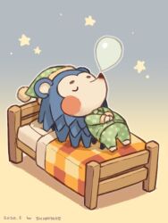 Rule 34 | 1girl, animal crossing, artist name, bed, blue background, blush, blush stickers, closed eyes, commentary request, dated, furry, furry female, gradient background, green hat, green pajamas, green pants, green shirt, hat, long sleeves, mabel able (animal crossing), nintendo, nose bubble, pajamas, pants, pillow, polka dot, polka dot headwear, polka dot pajamas, pom pom (clothes), shigatake, shirt, simple background, sleeping, solo, star (symbol), u u, yellow background