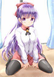 Rule 34 | &gt;:), 1girl, backlighting, between legs, black thighhighs, blush, bow, breasts, closed mouth, collared shirt, commentary request, cosplay, curtains, day, dress shirt, hair bow, hair down, hand between legs, highres, indoors, long hair, long sleeves, looking at viewer, new game!, purple eyes, purple hair, red bow, red skirt, shirt, sitting, skirt, sleeves past wrists, small breasts, smile, solo, sunlight, suzukaze aoba, takimoto hifumi, takimoto hifumi (cosplay), thighhighs, v-shaped eyebrows, very long hair, wariza, white shirt, window, xenon (for achieve)