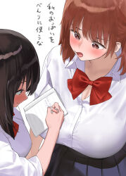 Rule 34 | 2girls, black hair, bow, bowtie, breasts, brown eyes, brown hair, commentary request, holding, holding pen, kaisen chuui, large breasts, medium hair, multiple girls, open mouth, original, pen, red bow, red bowtie, school uniform, shirt, short hair, simple background, translation request, white background, white shirt, writing