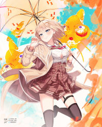 Rule 34 | 1girl, black footwear, black thighhighs, blonde hair, blue eyes, bob cut, bra visible through clothes, breasts, brown capelet, brown coat, brown skirt, capelet, cloud, cloudy sky, coat, collared shirt, commentary, english commentary, fish, floral background, goldfish, grin, hair ornament, high-waist skirt, highres, holding, holding umbrella, hololive, hololive english, large breasts, looking down, necktie, nin fake, open clothes, open shirt, partially unbuttoned, plaid, plaid skirt, pocket watch, red necktie, see-through, shirt, short hair, short necktie, skirt, sky, smile, solo, standing, standing on one leg, teeth, thigh strap, thighhighs, thighs, umbrella, virtual youtuber, watch, watson amelia, wet, wet clothes, wet shirt, white shirt