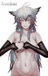 Rule 34 | :d, absurdres, animal ears, antenna hair, areola slip, arknights, artist name, black gloves, black nails, blue eyes, collarbone, elbow gloves, fingerless gloves, gloves, grey hair, grin, heart, heart hands, highres, honkai (honkai1954), lappland (arknights), long hair, looking at viewer, nail polish, navel, nude, open mouth, parted lips, scar, scar across eye, scar on face, sharp teeth, smile, stomach, teeth, upper body, very long hair, wolf ears