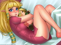 Rule 34 | 1girl, absurdres, barefoot, blonde hair, blue eyes, blunt bangs, blush, bottomless, breasts, character doll, commentary, hugging doll, dress, eyebrows, fetal position, hair ribbon, highres, light smile, link, lips, long hair, low-tied long hair, lying, medium breasts, messy hair, nintendo, nose, hugging object, on side, pink dress, pointy ears, princess zelda, revision, ribbon, ronindude, short dress, sidelocks, solo, the legend of zelda, the legend of zelda: skyward sword, watermark, web address