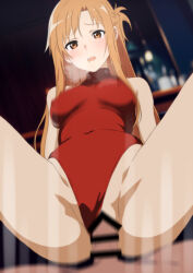 Rule 34 | 1boy, 1girl, aji n, alternate costume, asuna (sao), asymmetrical bangs, bar censor, bare arms, bare shoulders, blurry, blurry background, braid, breasts, breasts apart, brown eyes, brown hair, censored, clothing aside, covered navel, cowgirl position, french braid, heavy breathing, hetero, highres, indoors, leotard, leotard aside, long hair, medium breasts, motion blur, open mouth, penis, red leotard, short ponytail, spread legs, straddling, sword art online, vaginal